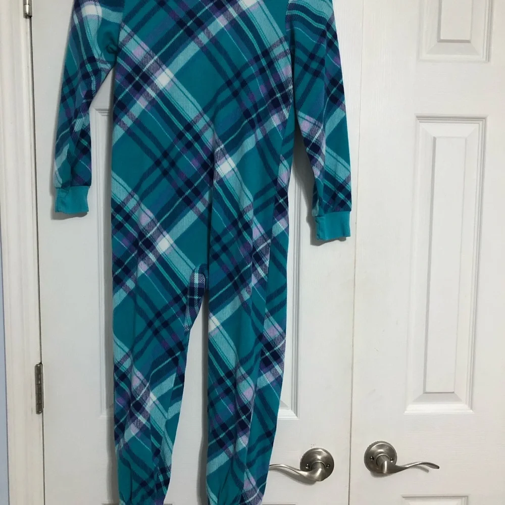 SO brand ONE PIECE zip up teal‎ blue plaid pajama girls size 7/8 with feet
